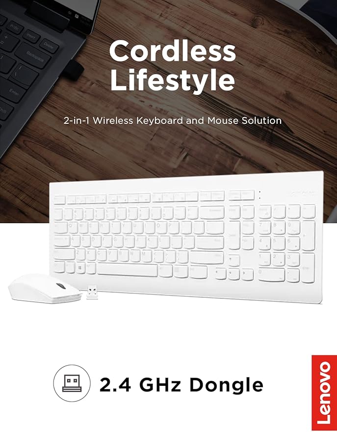 Lenovo 510 Wireless Combo with 2.4 GHz USB Receiver, Slim Full Size Keyboard, Full Number Pad, 1200 DPI Optical Mouse, Left or Right Hand, GX30W75336, White