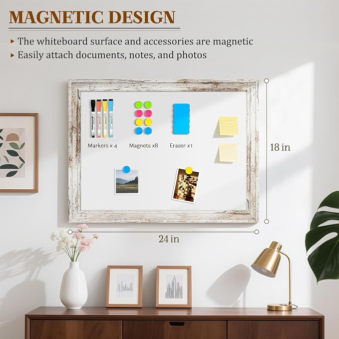 White Board for Wall, 24'' x 18'' Magnetic Dry Erase Board, Rustic | Wooden Frame, Decorative Whiteboard, Wall Mounted, for Home, Office, Kitchen, Dorm, 4 Markers, 6 Magnets, A Eraser