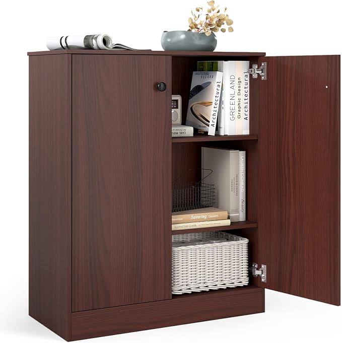 GIANTEX 2 Door Storage Base Cabinet (Brown) | 3-Tier Base Cabinet with Non-Slip Foot Pads, Kitchen Cupboard Storage Organizer for Living Room, Hallway, Entryway, Office