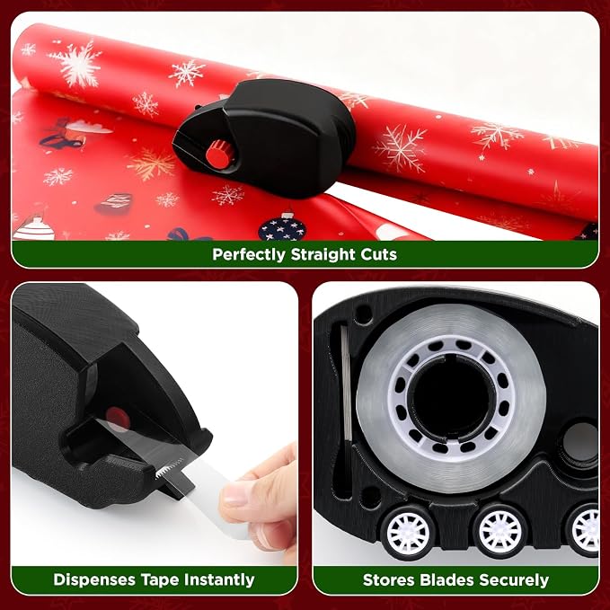 2-Pack Wrapping Paper Cutter and Tape Dispenser with 5 Tapes & 12 Blades - Fast & Safe Straight Line Cutting Tool for Gift Wrapping, Fits All Wrapping Paper Rolls (Black+Red)