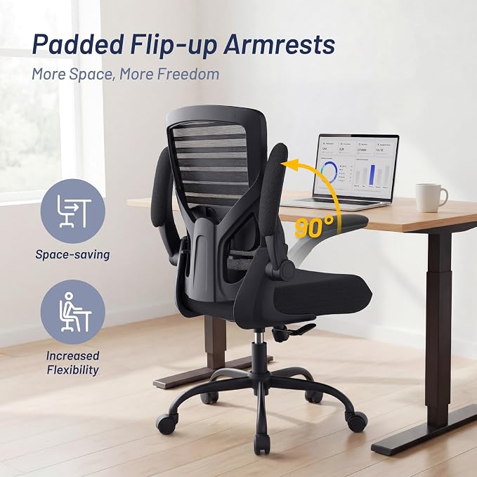 Office Desk Chair for Long Hours & Lower Back Pain Relief – 4“ Thick Molded Foam Cushion, Enhanced Lumbar Support, Padded Flip-up Armrests, Ideal for Office or Study (Black)