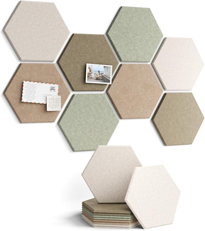 Fluxynara 8-Pack Hexagon Felt Bulletin Board Tiles, Linen Dusk | Cork Board Alternative with 50 Adhesive Tabs for Notes, Photos and Reminders in Home Offices, Dorm and Classrooms