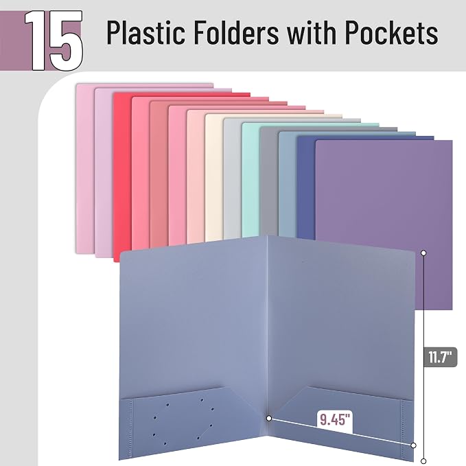 Mr. Pen- Plastic Folders with Pockets, 15 pcs | Aesthetic File Folder with Business Card Slot, 2-Pocket Folder, Back to School, Office, Filing Supplies