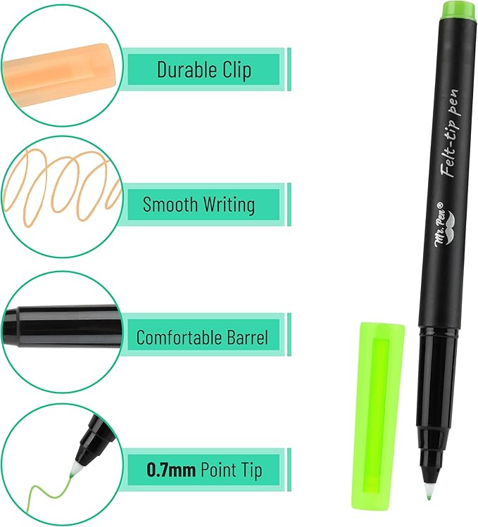 Mr. Pen- Felt Tip Pens, 8 Pack, 0.7mm Colorful Felt Pens, No Smear, Quick Dry