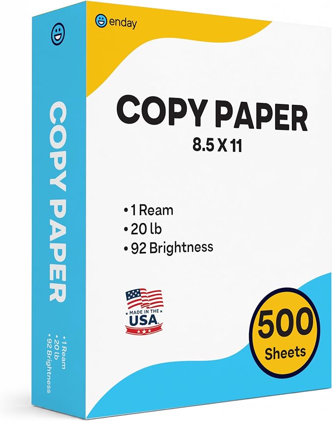 Printer Paper - 8.5 x 11 White Letter Size Copy Paper, (1 Ream 500 Sheets) 20 lb, Standard Copy Paper for Printing, Drawing & Writing, Computer Paper Office Supplies, By Enday