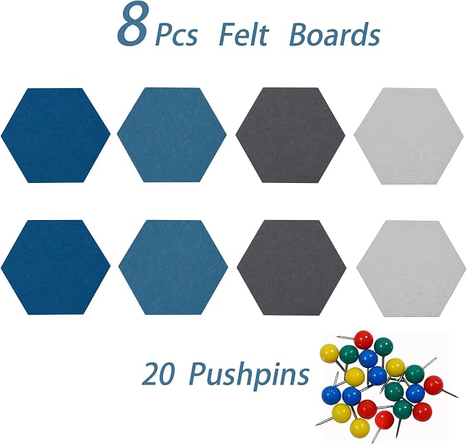 8Pcs Hexagon Felt Cork Board Tiles Self Adhesive Bulletin Board, Pin Board for Wall Decor Memos Photos Display (Set D)