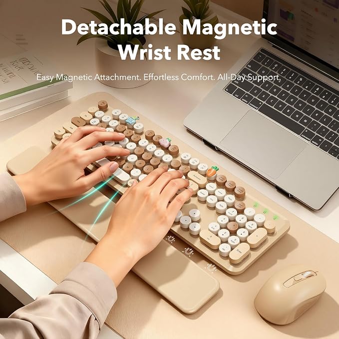 Wireless Keyboard and Mouse Combo, Round Keycaps, Full-Size Retro Typewriter-Style Keyboard with Magnetic Wrist Rest, Tilt Legs, 2.4GHz Cordless for Mac, Windows PC, Laptop, SABLUTE CK23, Latte Beige | Full-Size Retro Typewriter-Style Keyboard, Tilt Le...