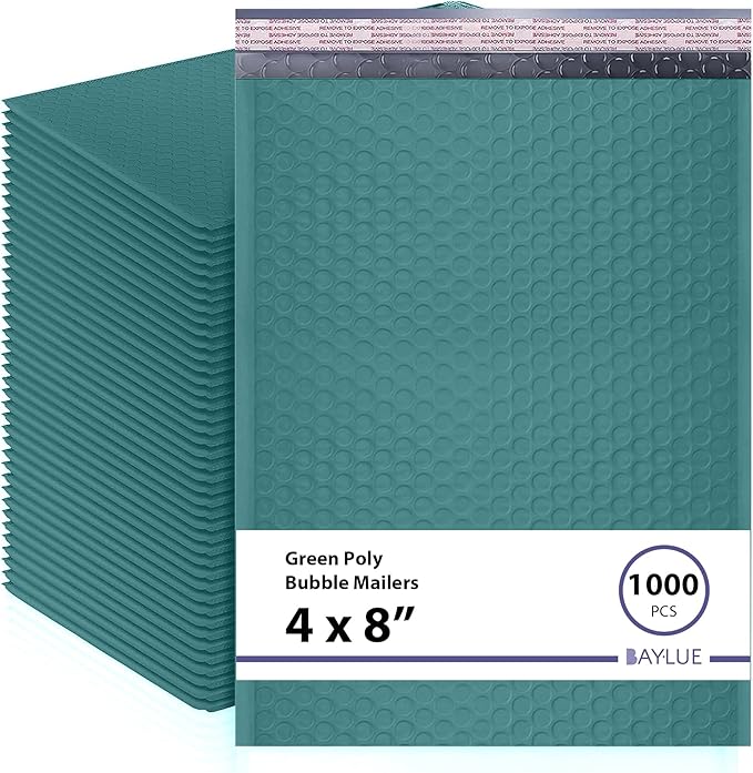 Green Small Bubble Mailers 4x8 Inch #000 | Thick Padded Poly Mailer Envelopes | Mailing Trading card sports Card Bubble Envelopes Water & Tear Resistant | 1000 Pack Bulk