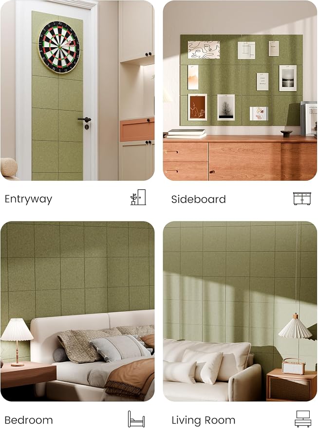 Bumusty 48" x 36" Large Cork Board Alternative, Olive Green | 12-Pack Felt Bulletin Board Tiles, 60 Adhesive Tabs, 30 Pushpins, Home, Office, Classroom, Vision Board