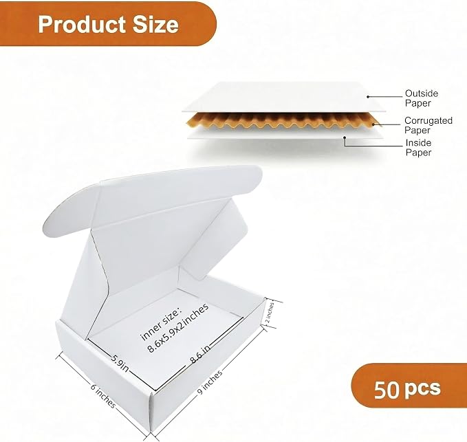 Small White Boxes 9x6x2 Inches 50 Pack | Business Tiny Recyclable Cardboard Mailing Box for Storage and Shipping