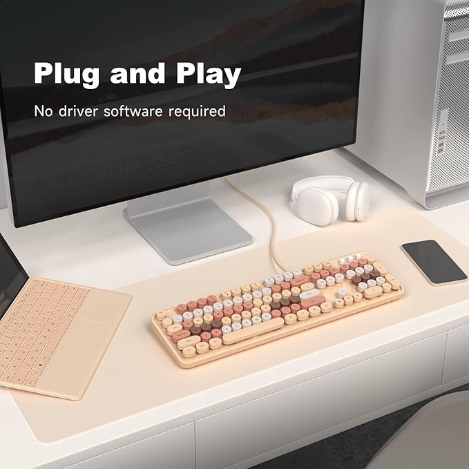 Computer Keyboard Wired, Plug Play USB Retro Round Typewriter Keyboard, Full Size Wired Keyboard with Foldable Stands for Laptop and Office PC- Milk Tea Colorful