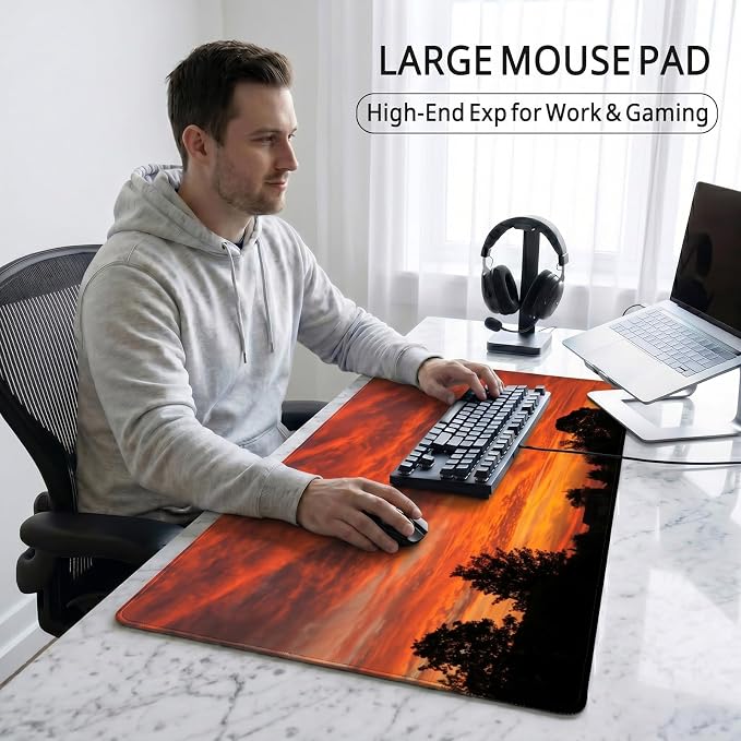 Auhoahsil Sunset Cloud Landscape Desk Mat, Ultra Large Full Desk Gaming Mouse Pad, Warm Sunset Sky Scenery Extended Keyboard Pad, Nature Aesthetic Desk Pad for Home Office Gaming, 35.4"x 15.7"