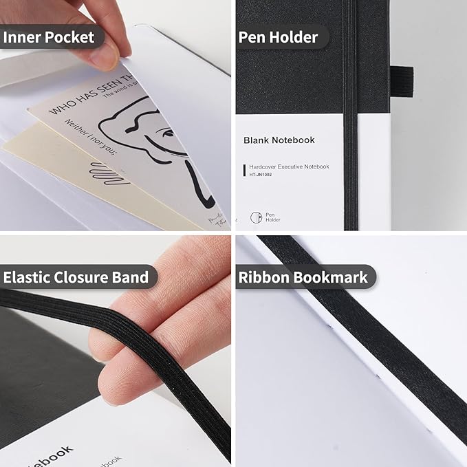 Hardcover Notebooks, A5 Blank Notebook for Writing 160 Pages, 8.2 x 5.5 inch, Classic Blank Notebooks for College/Work/Travel (Blanked-1 Pack, Black)