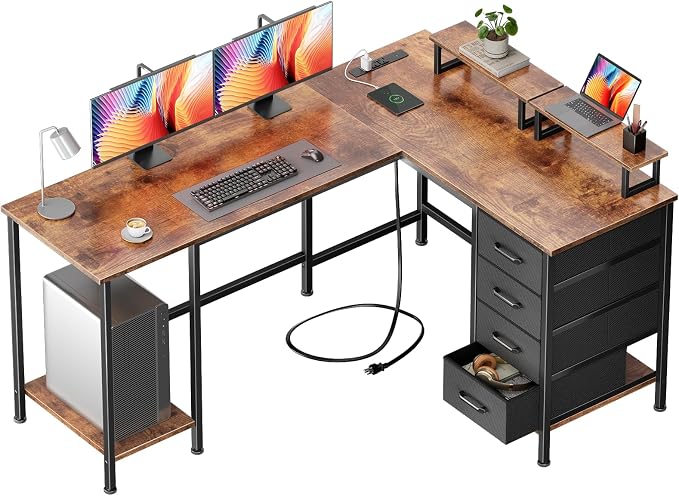 Korfile 59 inch L Shaped Computer Desk with Power Outlets, Rustic Brown | Ideal for Home Office, Bedroom, Corner, 4 Adjustable Storage Drawers, 2 Monitor Stands, Reversible, Two Person Gaming Table
