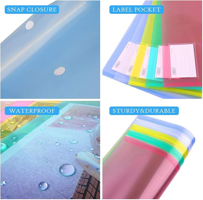 10 Pack Plastic Envelopes for Documents, Clear Folders with Label Pockets, 5 Colors 2 Each, Clear Poly File Folders Letter Size/A4, Hook and Loop Closure,Document Envelopes for School Office Home
