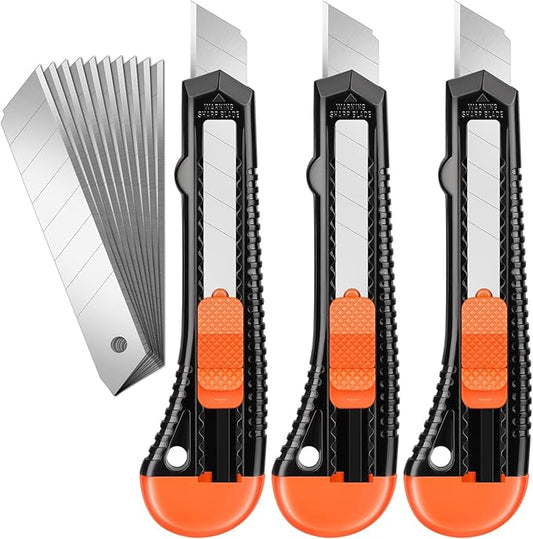 3 Pack Utility Knife Box Cutter Retractable, Compact Box Knife for Cartons, Cardboard and Boxes, with 10 Piece 18mm Wider Snap-off Blade Razor Sharp Blade, Perfect for Office and Home Use