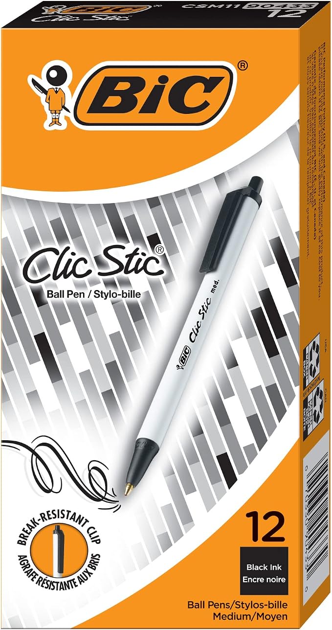BIC Clic Stic Black Ballpoint Pens, Medium Point, 1.0mm, 12-Count | Retractable Design, Round Barrel for Comfort, Break-resistant Plastic Clip, Ideal for Work, School or Home, Smooth Ink Flow
