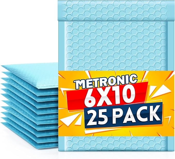 Metronic Bubble Mailers 6x10 Inch 25 Pack Usable Size 6x9" Waterproof Bubble Mailer Cushioning Padded Envelopes, Bubble Envelopes for Shipping, Mailing, Packaging, Small Business Supplies, Light Blue