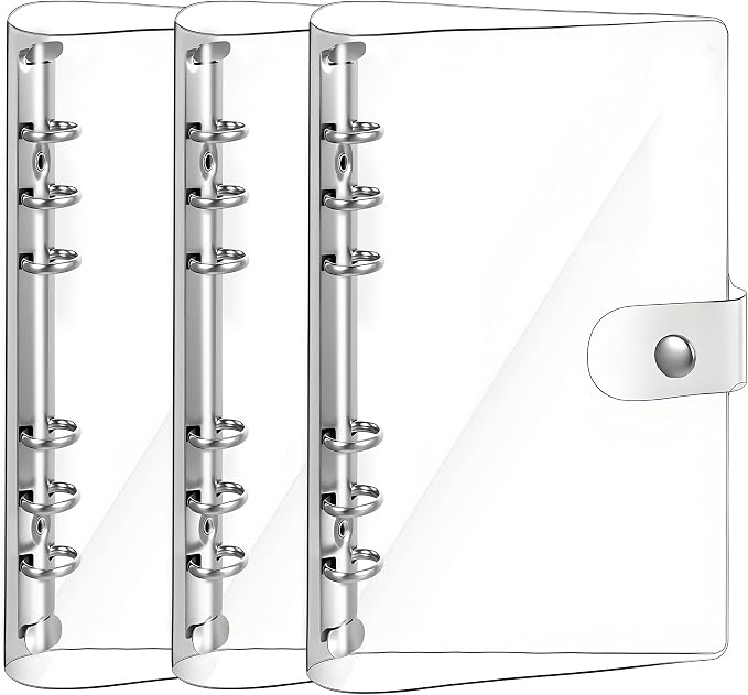 Mziart Clear A5 Binder 6 Ring, Refillable Notebook Planner Cover, 3 Pack | Soft Transparent PVC, for Budget, Photocard, Office Journal, Travel Diary, Recipe Book, School, Meeting, Snap Button Closure