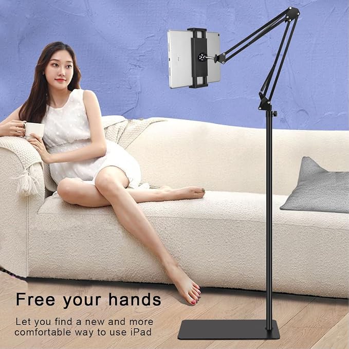 Tablet Floor Stand with 6LB Weight, Overhead Bed phone Stand Angle Height Adjustable Arm Stretchable Stand Holder, Compatible with iPhone iPad Mini Air Pro, Galaxy Tab, Kindle, E-Readers,all Phones