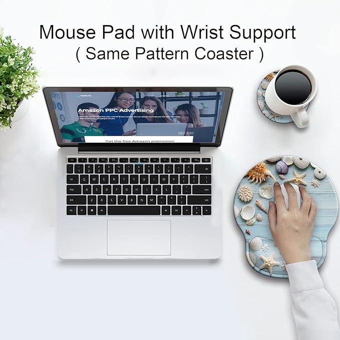 Ergonomic Mouse Pad with Wrist Support Rest,Large Mousepad Gel Wrist Rest, with Coaster Non-Slip & Pain Relief for Computer, Desk, Home&Office-Seashell