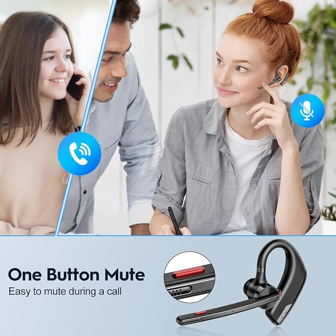 New Bee Bluetooth Headset, Dual Mic Noise Cancelling Bluetooth Earpiece | 80h Playtime, 500mah Charging Case,Crystal-Clear Calls, Bluetooth 5.2 Hands-Free Earphones for Office Driver