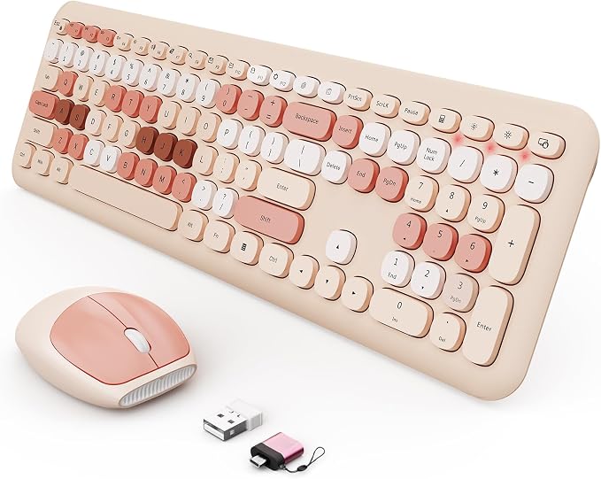 Wireless Keyboard and Mouse Combo, Cute Brown Retro Typewriter Keyboard with Number Pad, 2.4GHz USB Receiver + Type-C Adapter, Plug and Play for Laptop, Desktop, PC, Chromebook