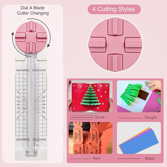 Paper Trimmer, 4 Styles Craft Paper Cutter Multi-Function Scrapbooking Tool for Cutting Paper Photos Scrapbook Postcard (Straight, Wave, Perforated and Creasing Lines) (Pink)