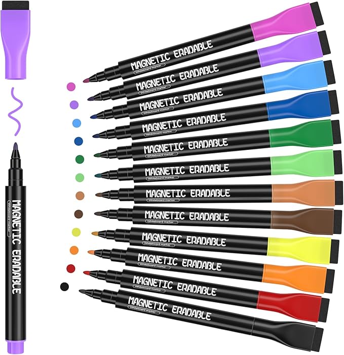 Magnetic Whiteboard Markers, 12pcs Colorful 1mm Fine Tip White Board Pens, Erasable Dry Erase Marker for Office School Home Low Odor Fine Dry Wipe Pen for Dry Erase Boards, Calendars, Mirrors
