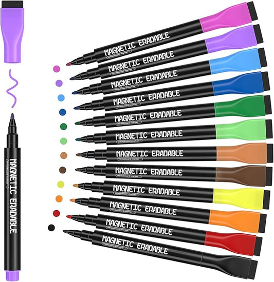 Magnetic Whiteboard Markers, 12pcs Colorful 1mm Fine Tip White Board Pens, Erasable Dry Erase Marker for Office School Home Low Odor Fine Dry Wipe Pen for Dry Erase Boards, Calendars, Mirrors