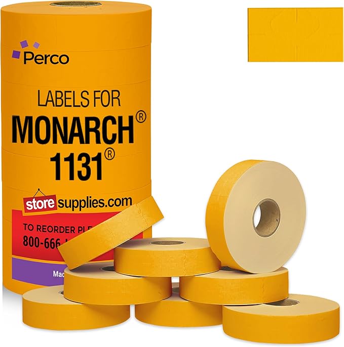 Perco Fluorescent Orange Pricing Labels for Monarch 1131 Price Gun - 1 Sleeve, 8 Rolls, 20,000 Price Marking Labels - with Ink Roll Included