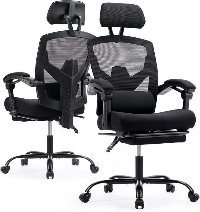 Ergonomic Office Chair with Footrest, Computer Gaming Chair | Adjustable Headrest, Lumbar Support, Swivel Reclining, Padded Armrest, Mesh High Back, Home Desk Work Study, Black