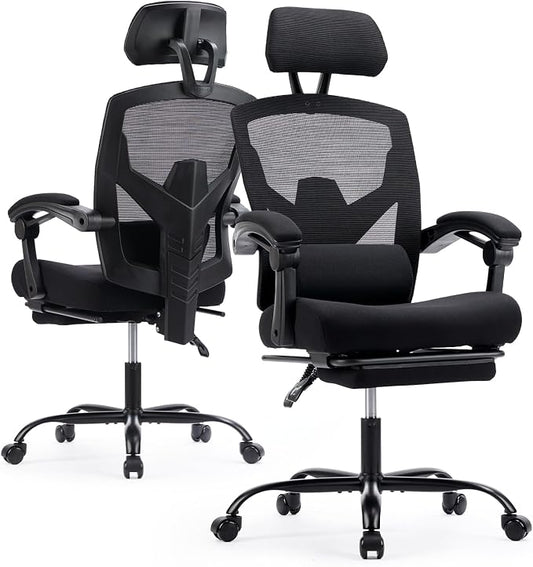 Ergonomic Office Chair with Footrest, Computer Gaming Chair | Adjustable Headrest, Lumbar Support, Swivel Reclining, Padded Armrest, Mesh High Back, Home Desk Work Study, Black