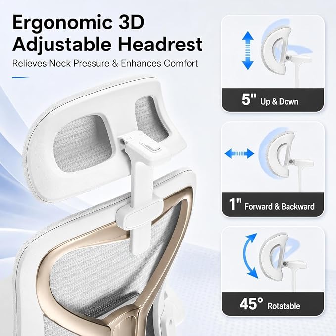 Ergonomic Office Chair for Back & Neck Pain Relief, Virgin Foam Seat, 2D Adjustable Lumbar & 3D Headrest, Tilt & Rock for Relaxation, Ideal for Long Sitting Comfort, White/Gold