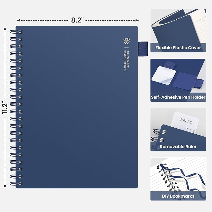 EMSHOI Lined Spiral Journal Notebook, 300 Pages, A4 Size (8.2'' x 11.2'') | College Ruled, 100 GSM Perforated Thick Paper, Flexible Plastic Cover, for School, Writing, Work & Journaling (Blue)