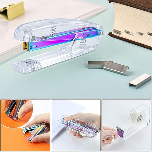 Dream Color Acrylic Stapler Set,Desk Stapler,Office and Home Stapler,Students Stapler,Tape Dispenser,Stapler Remover,Free 1000pcs 26/6 Staples——Multicolor