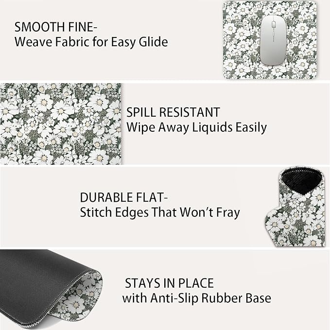 Mouse Pad for Desk with Stitched Edge, Premium Cute Washable Mouse Pads. Computer Mousepad with Non-Slip Rubber Base, Mousepads for Laptop, 9.25x7.75x0.12 inch (Daisy Fields)