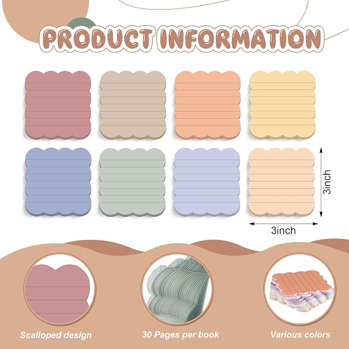 Eaasty 8 Pack Scalloped Sticky Notes Lined 3" X 3" Morandii Memo Pads | Aesthetic Cute Wavy Edges, Self-stick for School Office Desk, 240 Sheets Bulk, Pretty Design for Reminders Planning