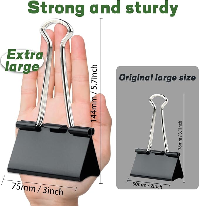 3 Inch Jumbo Binder Clips(24 Pack), Extra Large Binder Clips, Black | Heavy Duty Paper Clamps for Office and Home Supplies