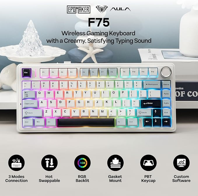 EPOMAKER x Aula F75 Gasket Mechanical Keyboard, 75% Wireless Hot Swappable Gaming Keyboard with Five-Layer Padding&Knob, BT/2.4GHz/USB-C, RGB (Light Blue, Ice Vein Switch)