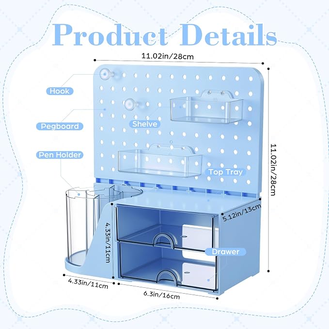 Novabright Desk Organizer with Drawers, Rotating Pen Holder with 5 Slots & Pegboard, Back to School & First Day of School Gifts, Multifunctional Desktop Storage for Desk Home Office Supplies(Blue)