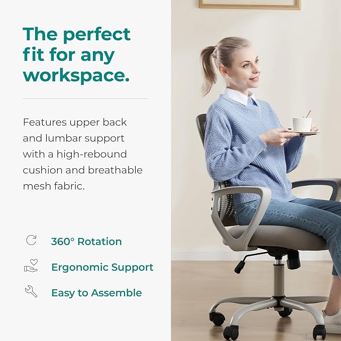 OLIXIS Home Office Chair, Mesh Desk Chair, Ergonomic Lumbar Support | Mid Back Computer Ergonomic, Height Adjustable Swivel Task, Large Seat Armrest, Adults, Grey