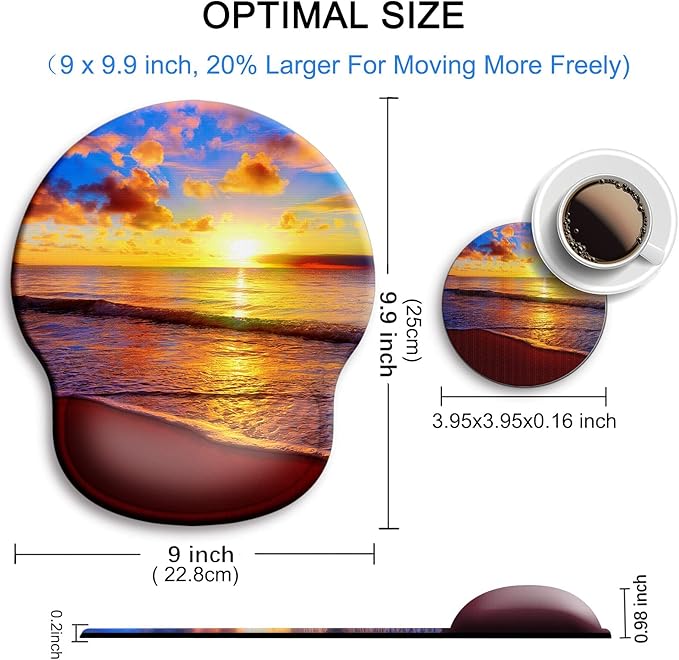 Ergonomic Mouse Pad with Wrist Support Rest,Large Mousepad Gel Wrist Rest, with Coaster Non-Slip & Pain Relief for Computer, Desk, Home&Office-Sunset Beach