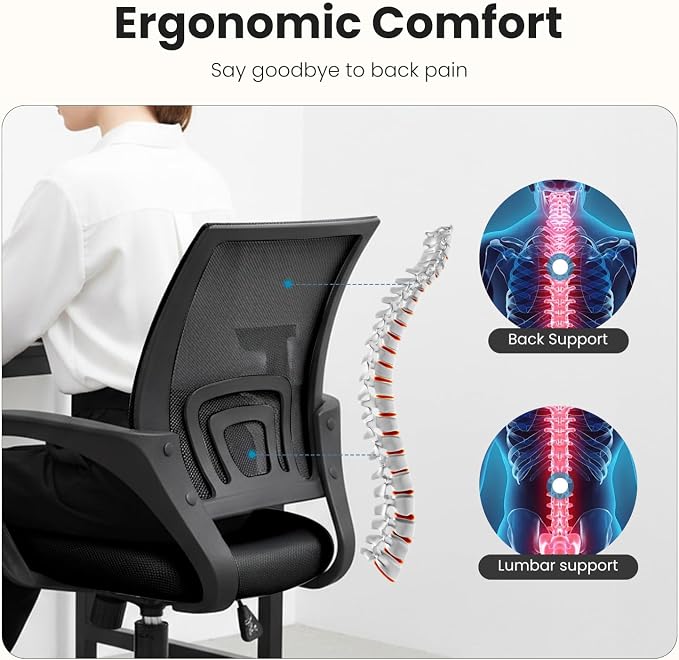DUMOS Ergonomic Office Chair, Mid-Back Executive Desk Chair 2 Pack | Comfortable Lumbar Support, Breathable Backrest, Fixed Armrest, Height Adjustable, 360° Swivel, Computer Gaming, Black