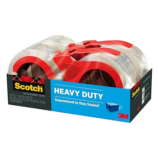 Scotch Heavy Duty Shipping Packing Tape, Clear, Shipping and Packaging Supplies, 1.88 in. x 54.6 yd., 4 Tape Rolls with 4 Dispensers