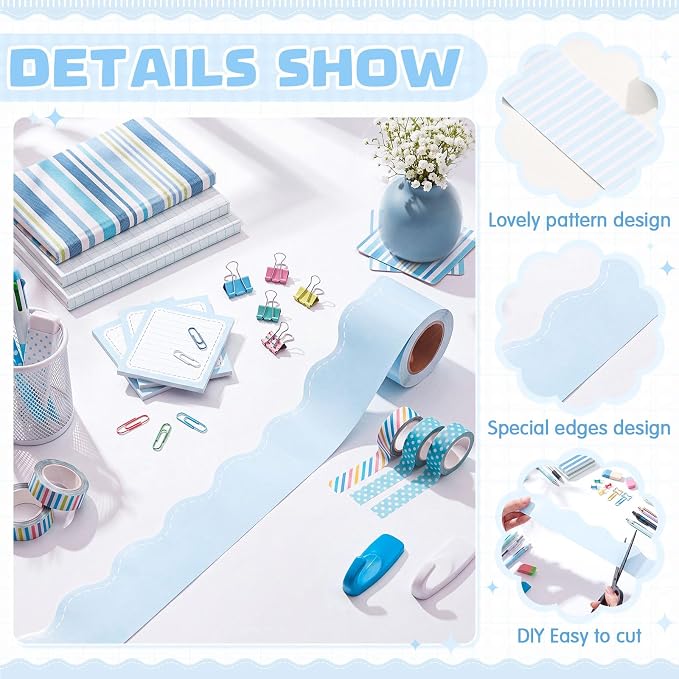 2 Rolls 65.6ft Marcaron Blue Striped Bulletin Board Borders Decoration Scalloped and Straight Edge Blue Bulletin Borders Board Trim for Office School Classroom Chalkboard Party Decoration