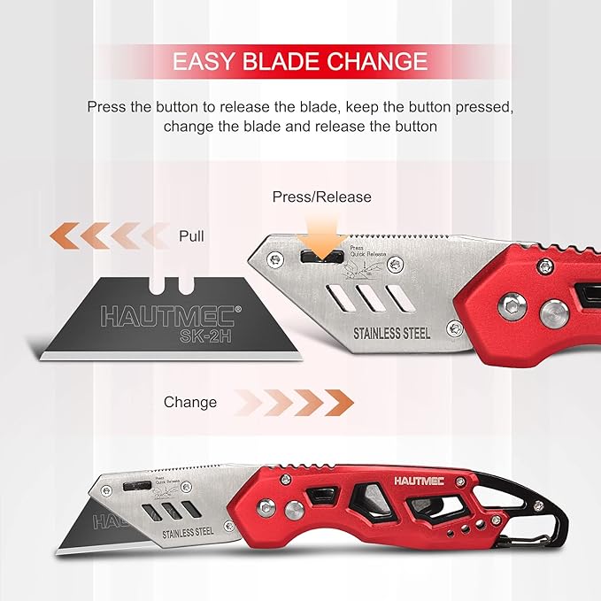 HAUTMEC Folding Utility Knife with 10-Pack SK2H Blades, Heavy-Duty Aluminum Alloy Box Cutter with Belt Clip, Carabiner, Quick-Change Blades & Safety Lock – HT0263