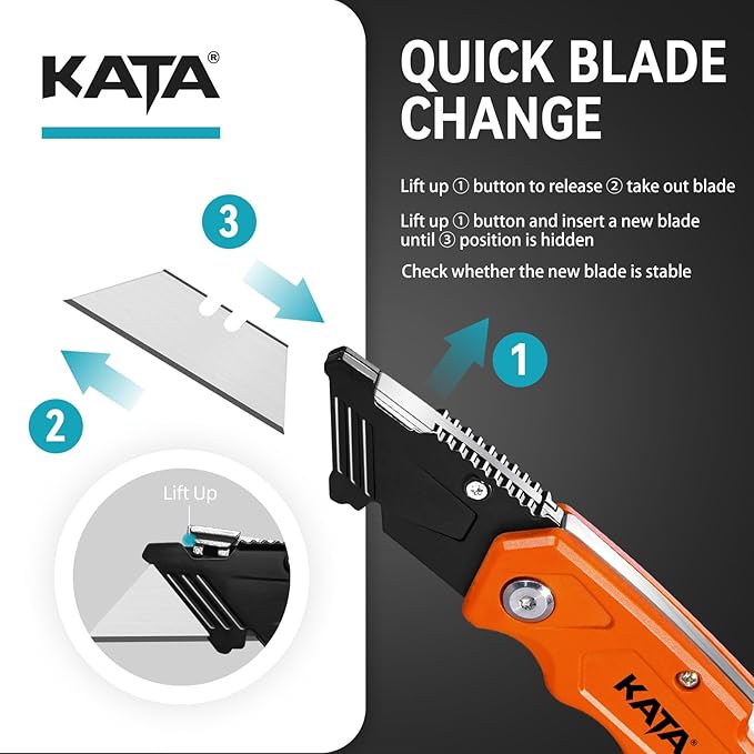 KATA Folding Box Cutter Knives - Heavy Duty Utility Knife Box Cutters with Extra 10pcs Razor Blades - 2-Pack Pocket Knife Plastic Cardboard Opener Tool - Used for Cutting Cartons, Boxes (Orange/Blue)