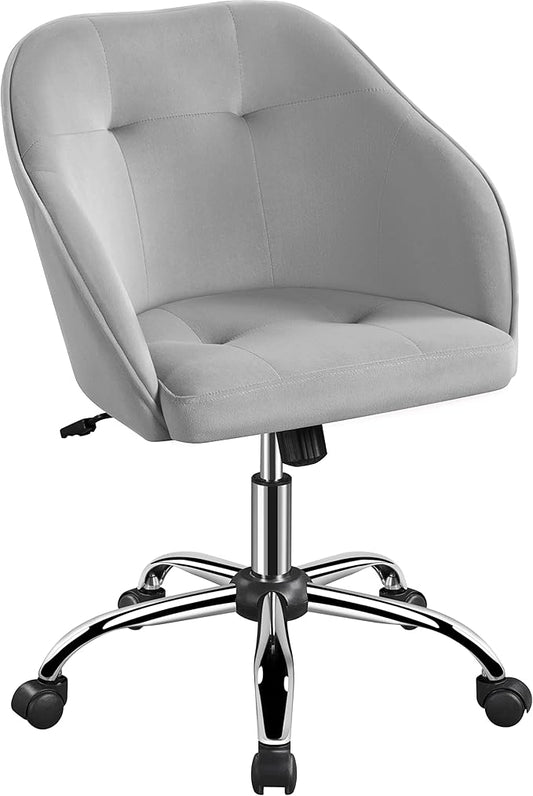 Yaheetech Velvet Desk Vanity Chair with Wheels Back Cute Small Swivel Comfy Computer Chair with Adjustable Height Tilt Angle Upholstered Accent Armchair for Bedroom Light Gray