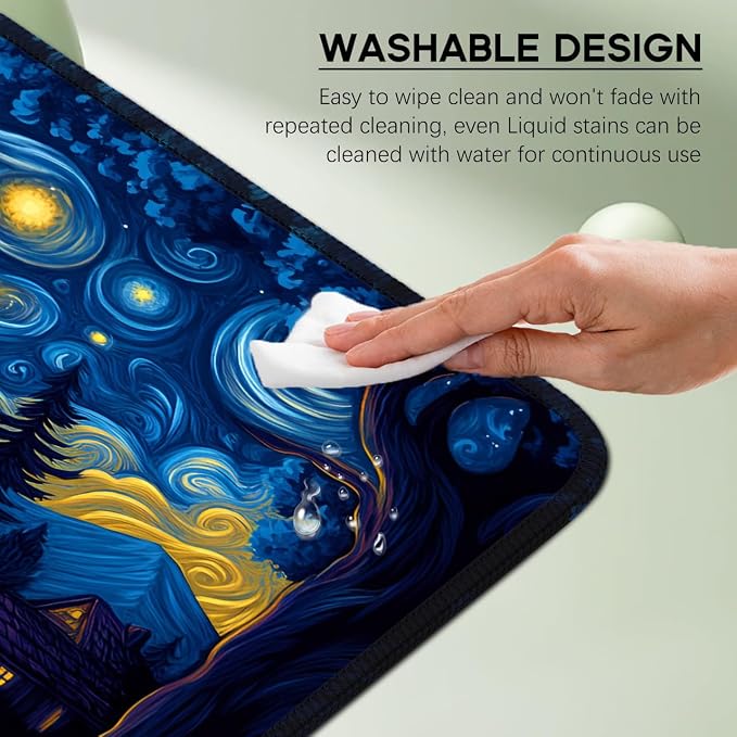 Van Gogh Cat Mouse Pad, Large Gaming Starry Night Desk Mat | 31.5x11.8in, Micro-Woven Cloth Surface, Non-Slip Rubber Base, Machine Washable, For Office & Home